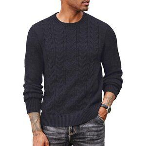 Coofandy Men Navy Blue Crewneck Pullover Twist Textured Fisherman Sweater